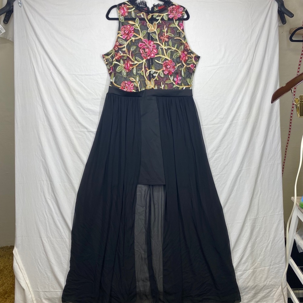 Bluetique Womens Floral Embroidered High Low Maxi Dress Black Pink Mock Neck L